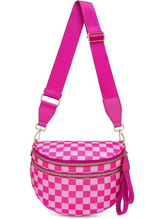 Handbags - Women's Rose Spacious Checkered Double-Zipper Compartment Fashion Crossbody Bag